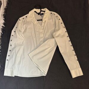 DKNY White Button-Down Shirt with Black Grommet Detail